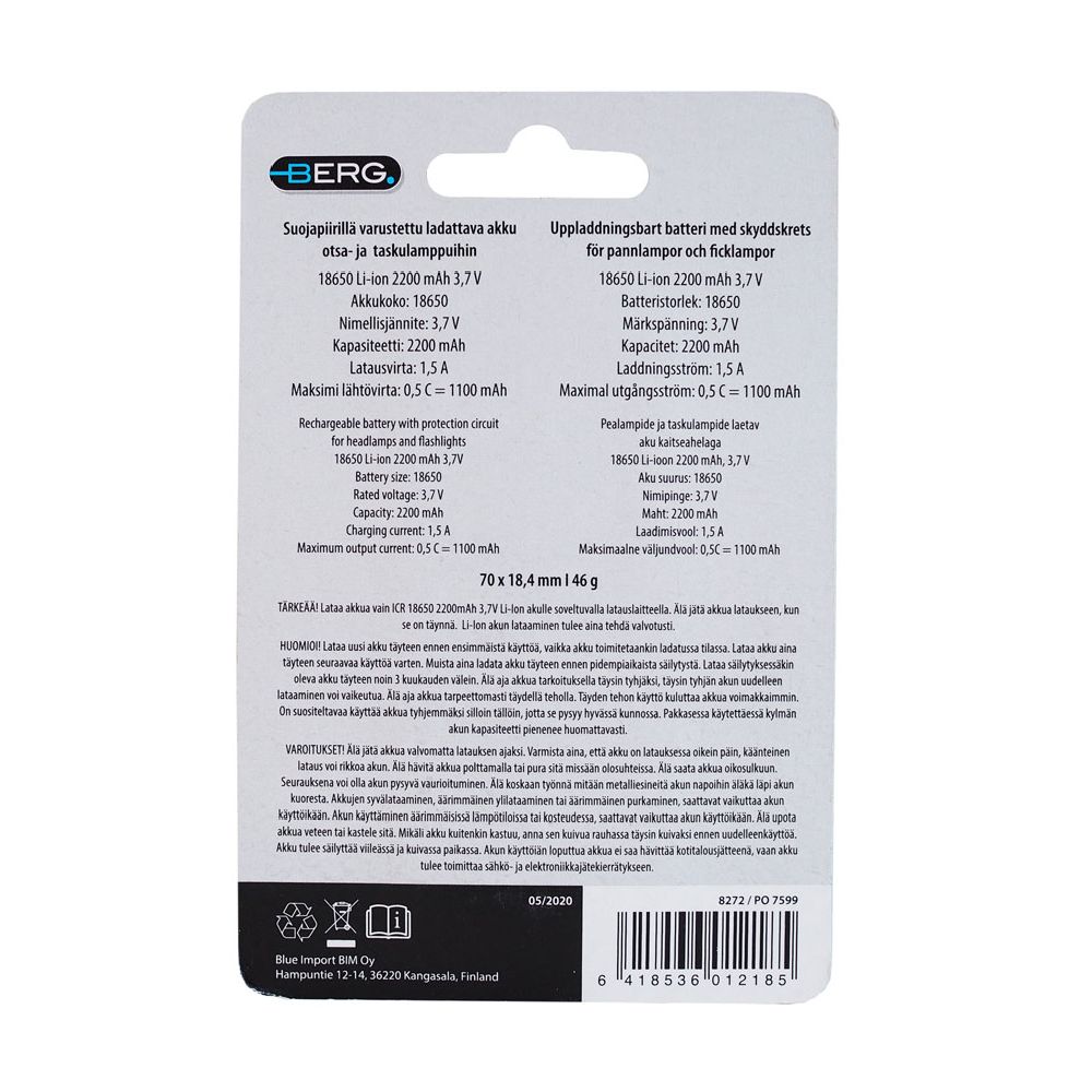 Berg 18650 Li-ion aku, 2200 mAh, 3,7 V