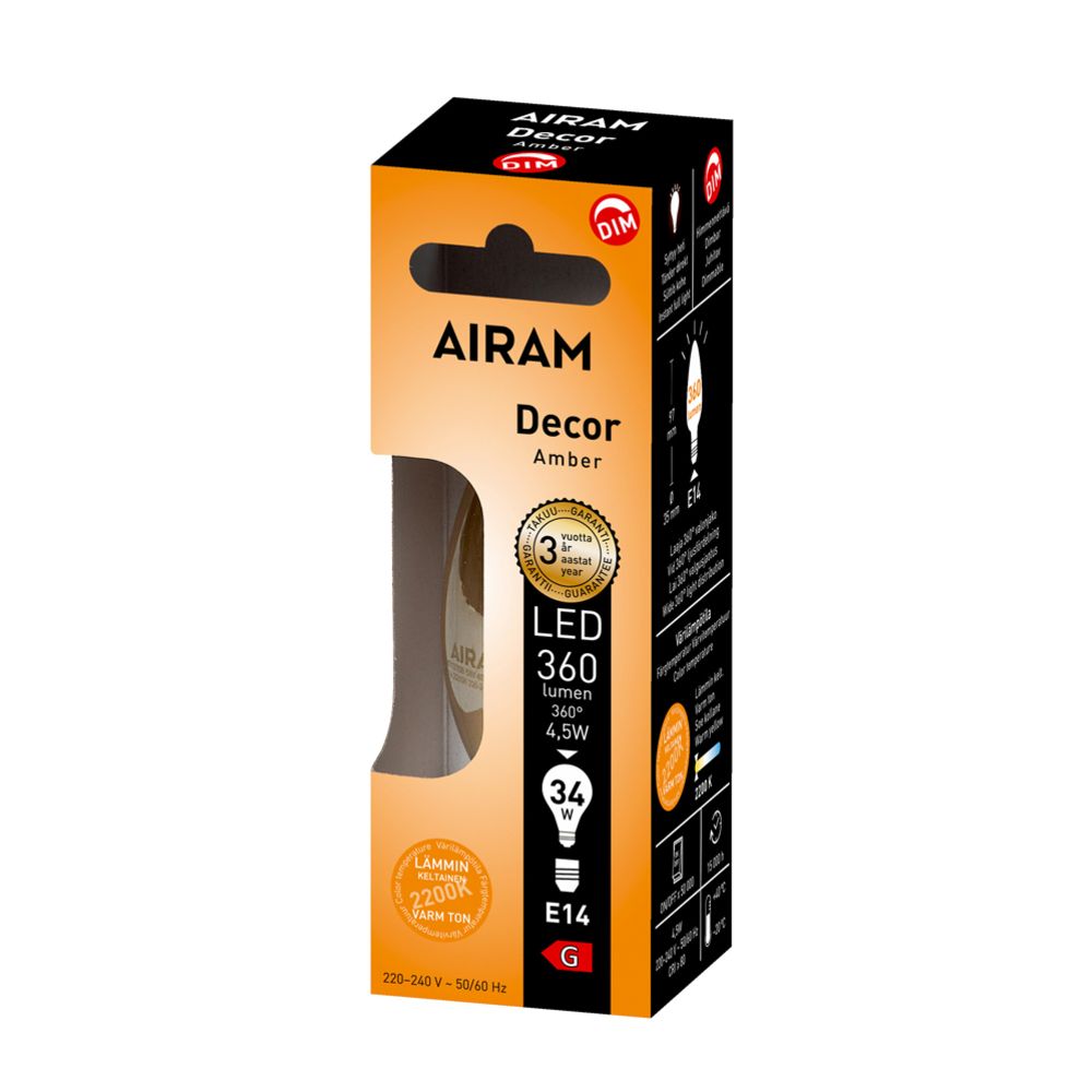 Airam Amber LED-lühteramp, 5 W, 2200 K, läbipaistev, E14, hämardatav, 360 lm