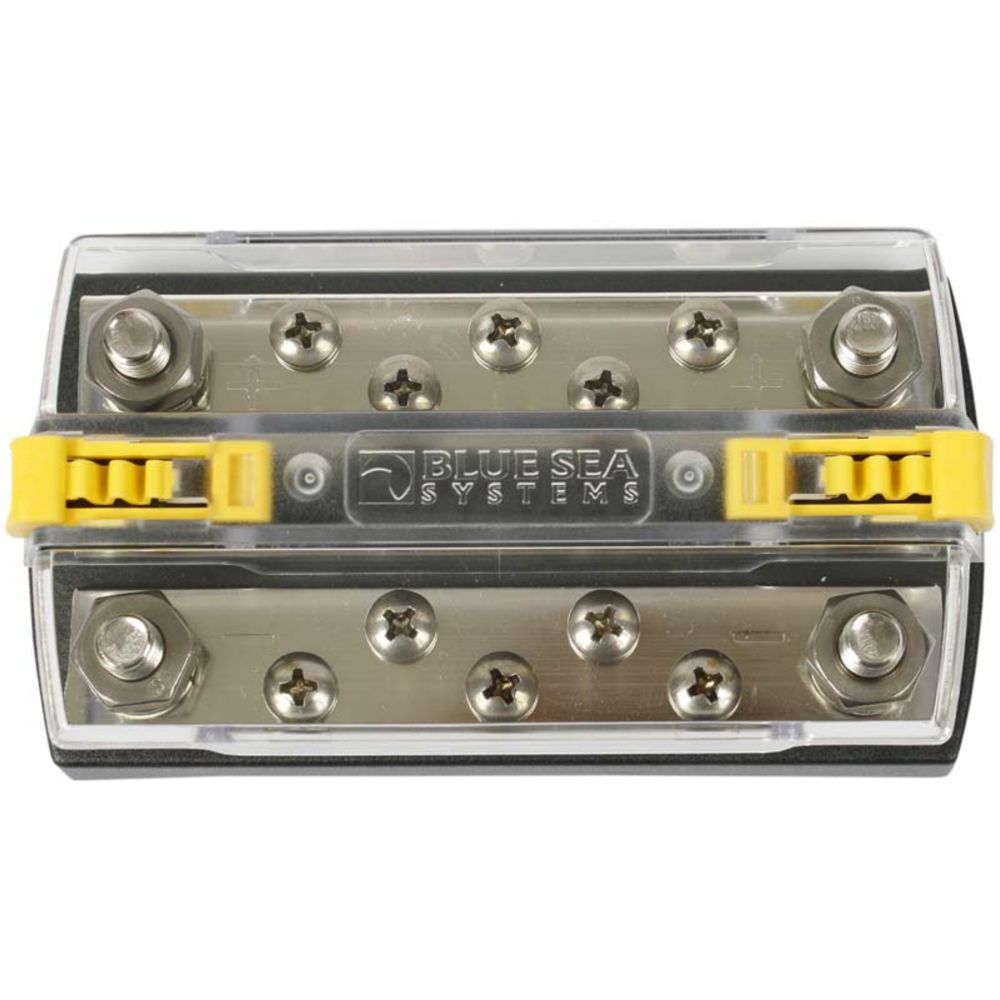 Blue Sea Systems kopplingsskena, 2×8 mm bult + 2×5 skruv, +/-‑skena 48 V / 150 A, 300 V / 130 A