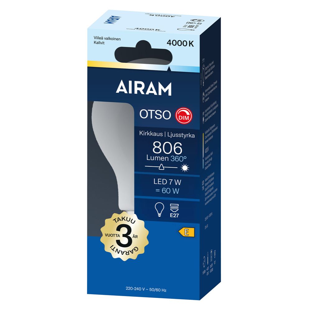 Airam Otso standardkupad LED-lampa A60 E27 7 W 806lm 4000K DIM