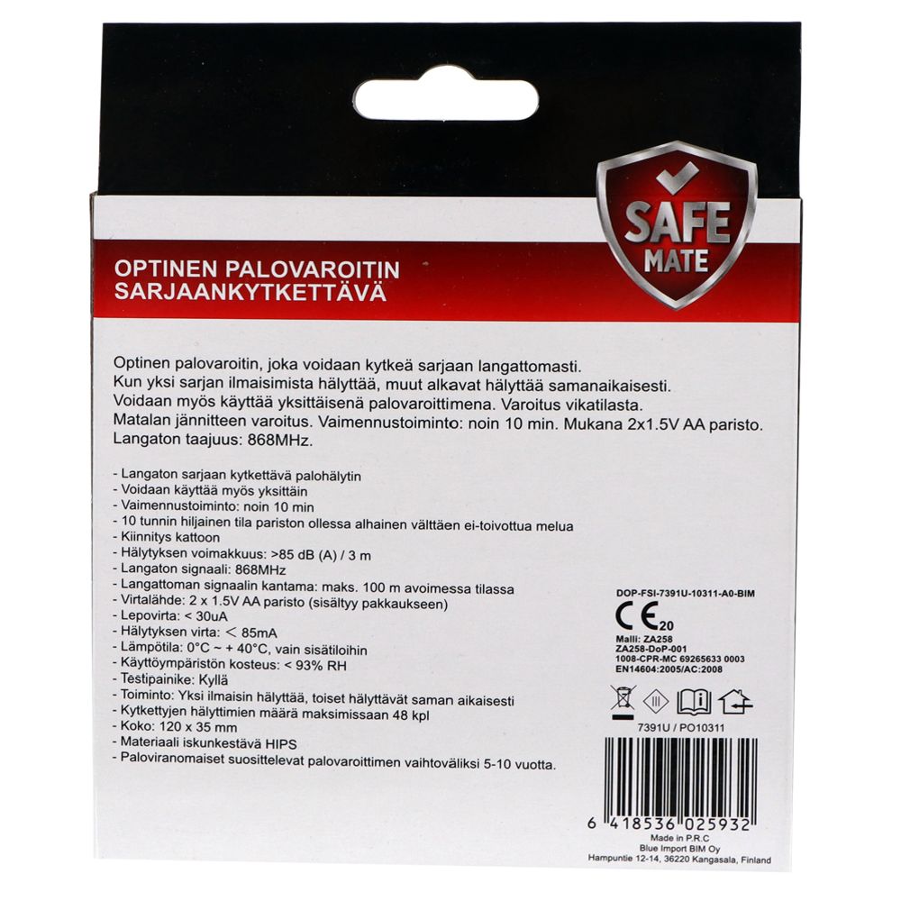 SafeMate optinen palovaroitin paristolla, sarjaan kytkettävä