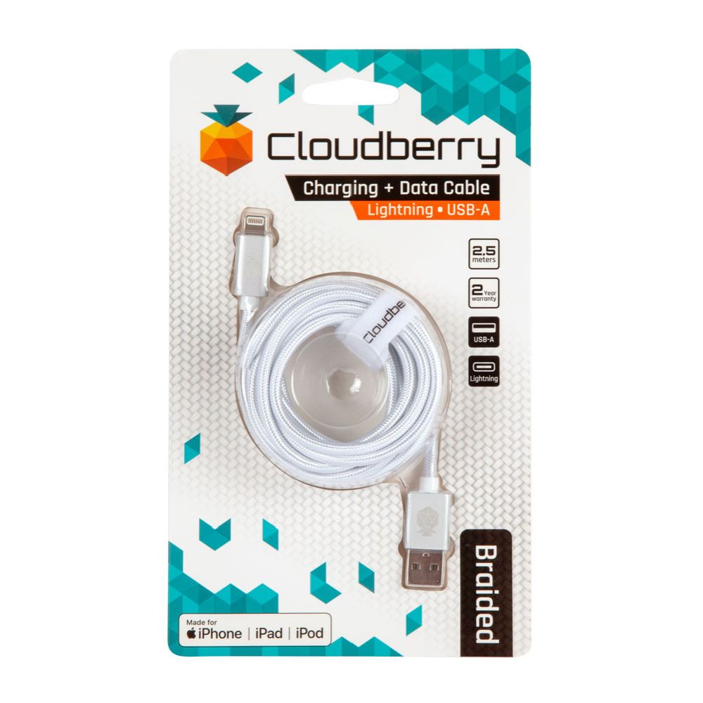 Cloudberry USB-A Lightning vastupidav andmekaabel, valge, 2,5 m