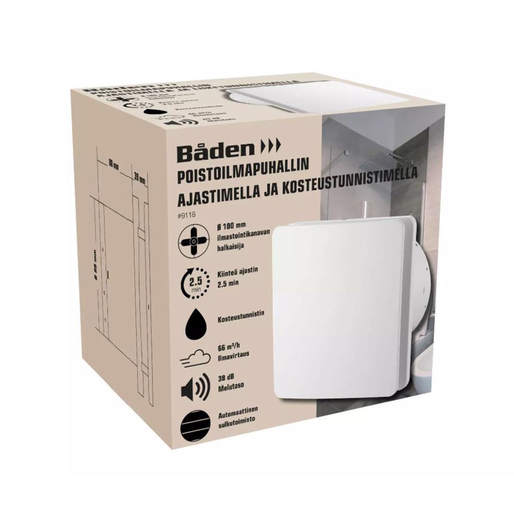 Båden poistoilmapuhallin kosteusanturilla ja ajastimella ø100 mm 12 W IPX4