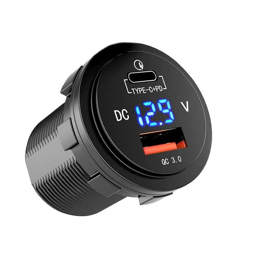 Four Connect vattentätt USB-C/A-eluttag med spänningsdisplay