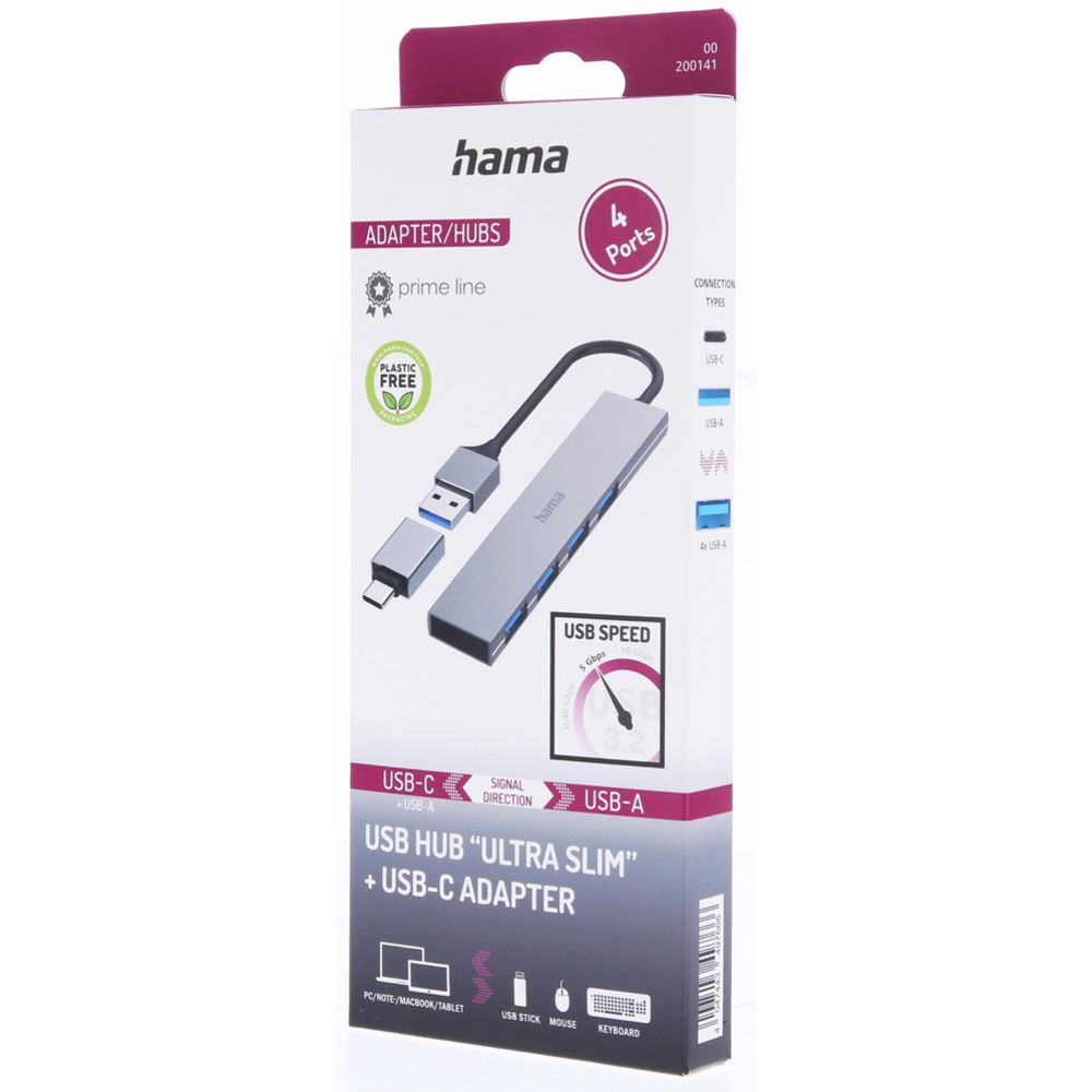 Hama USB-hubi, 4-porttinen, USB-A + USB-C adapteri, Ultra-Slim, USB 3.2 Gen 1, 5 Gbit/s