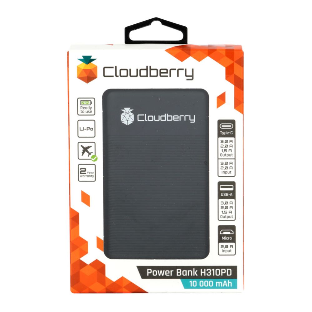 Cloudberry 10 000 mAh PD akupank, QC 3.0, 3 A, 2 x USB-A, 2,4 A