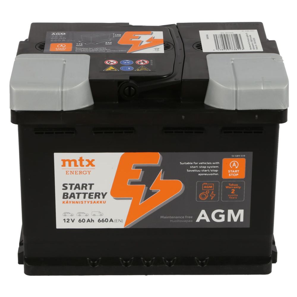 MTX Energy AGM Käynnistysakku 60Ah/660A P242xL175xK190 -+