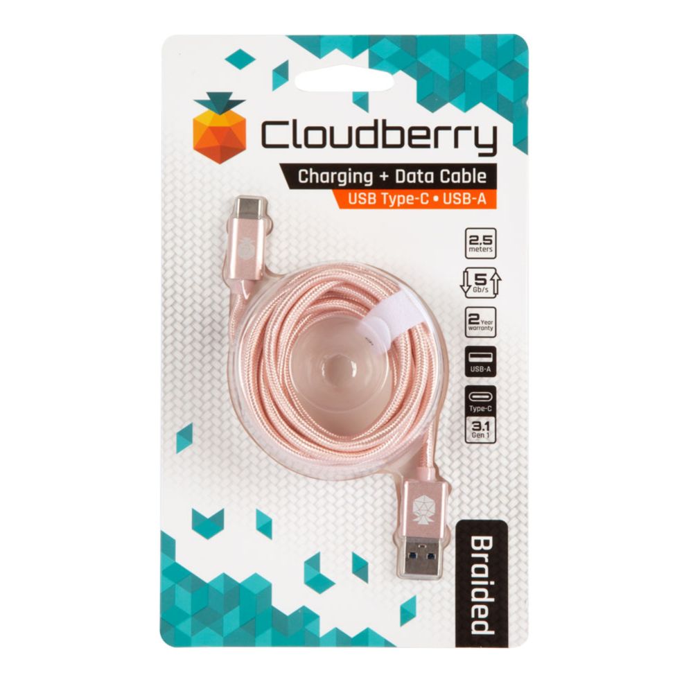 Cloudberry USB-A - USB-C vahvarakenteinen datakaapeli 2,5 m ruusukulta