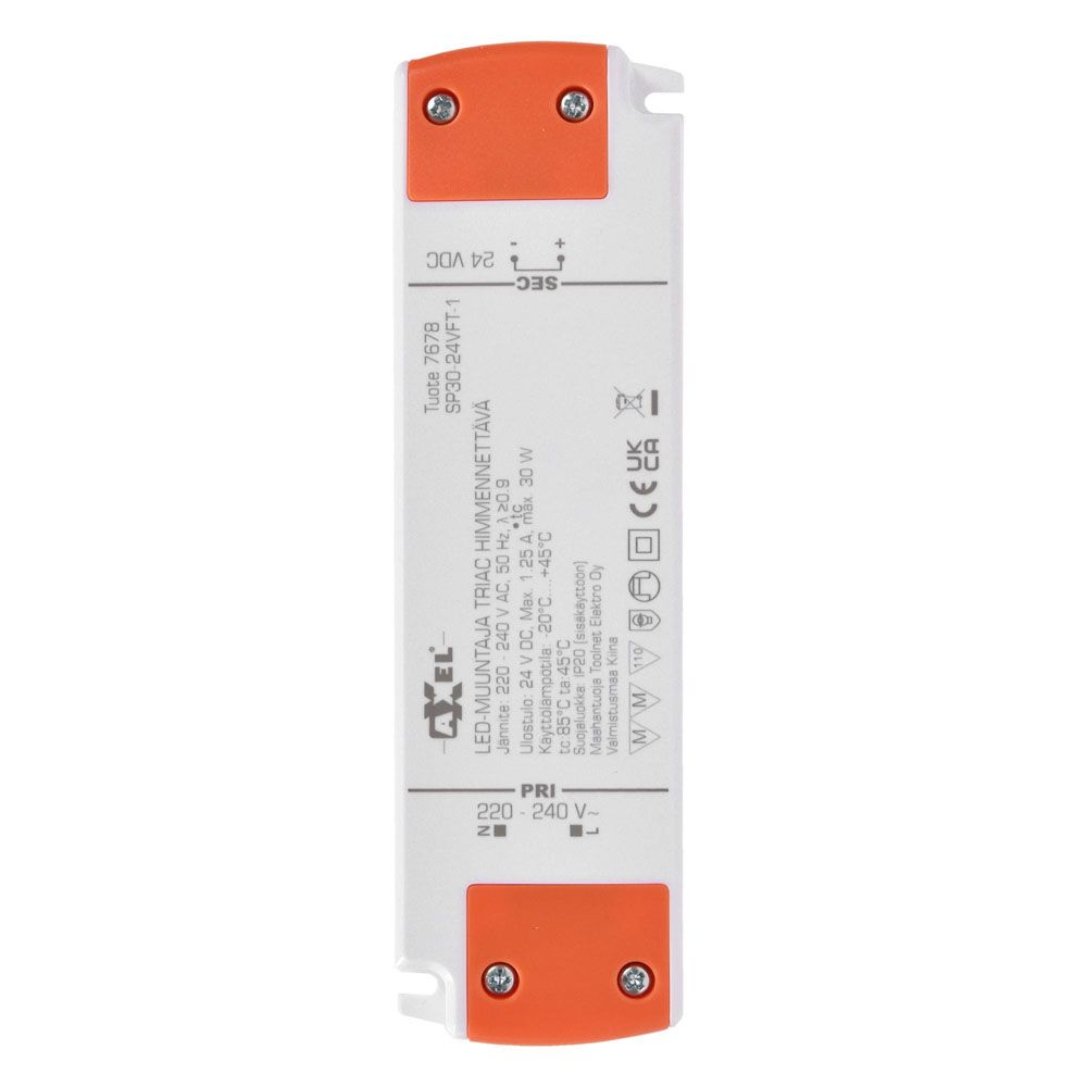 Axxel LED-muuntaja 24 V 30 W, TRIAC-himmennettävä IP20