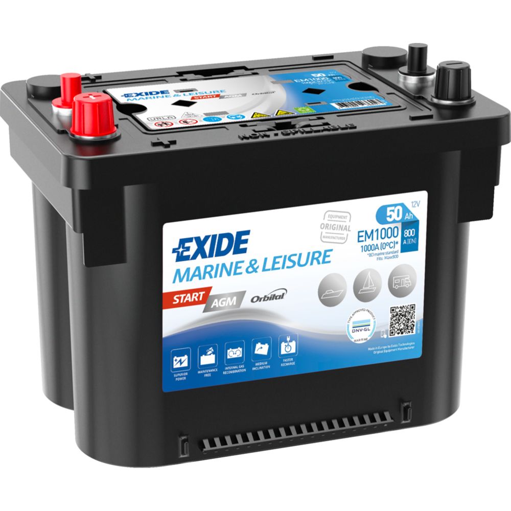 Exide Start AGM EM1000 50 Ah / 800 A batteri L265 x B175 x H206 +-