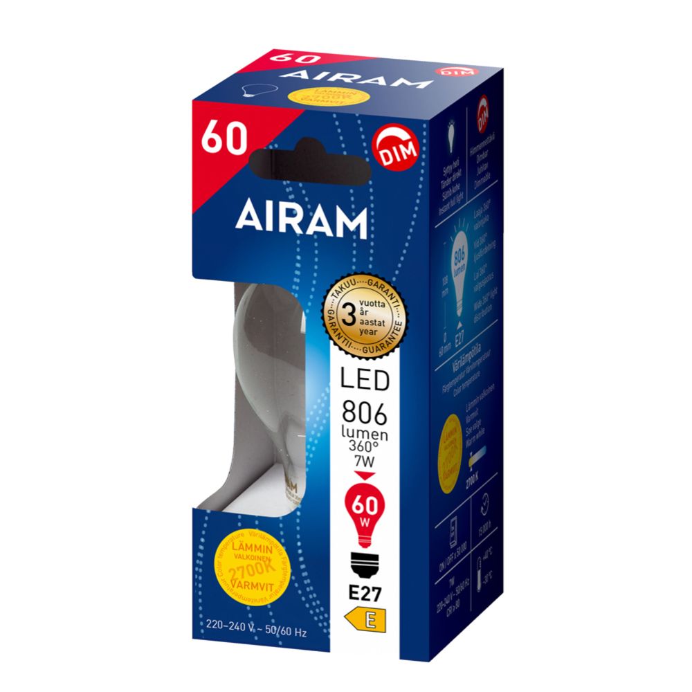 Airam LED-filamenttilamppu A60 E27 7W 806lm 2700K himmennettävä