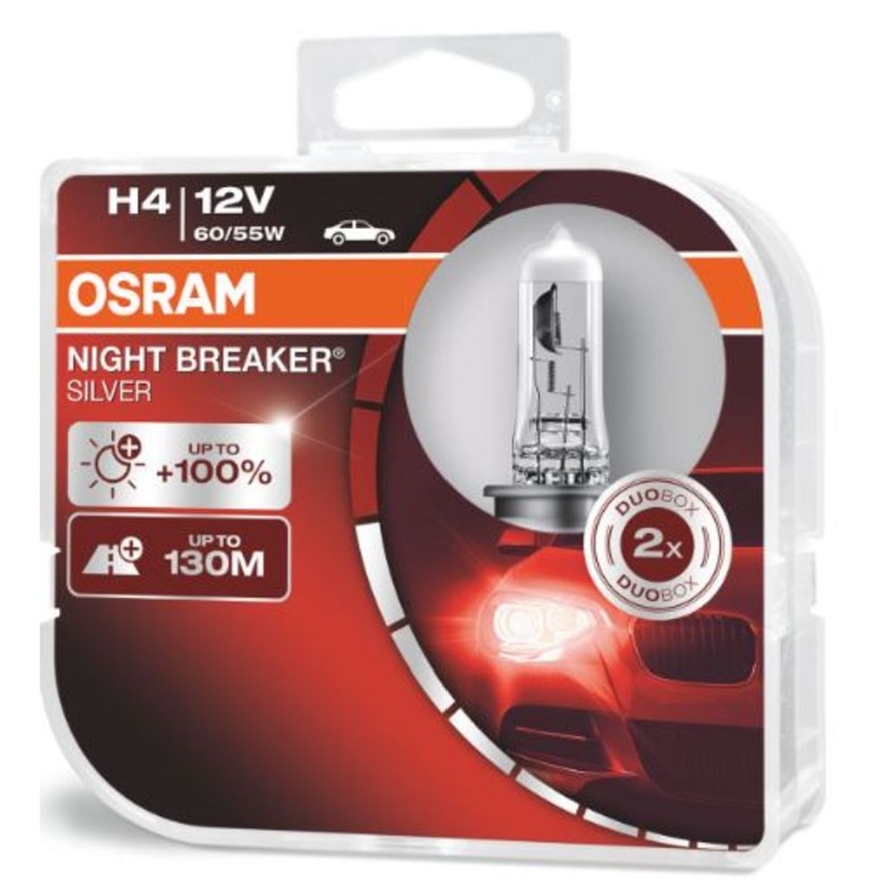 Osram Night Breaker Silver H4-autopirnid, +100%, 12 V / 60/55 W, 2 tk
