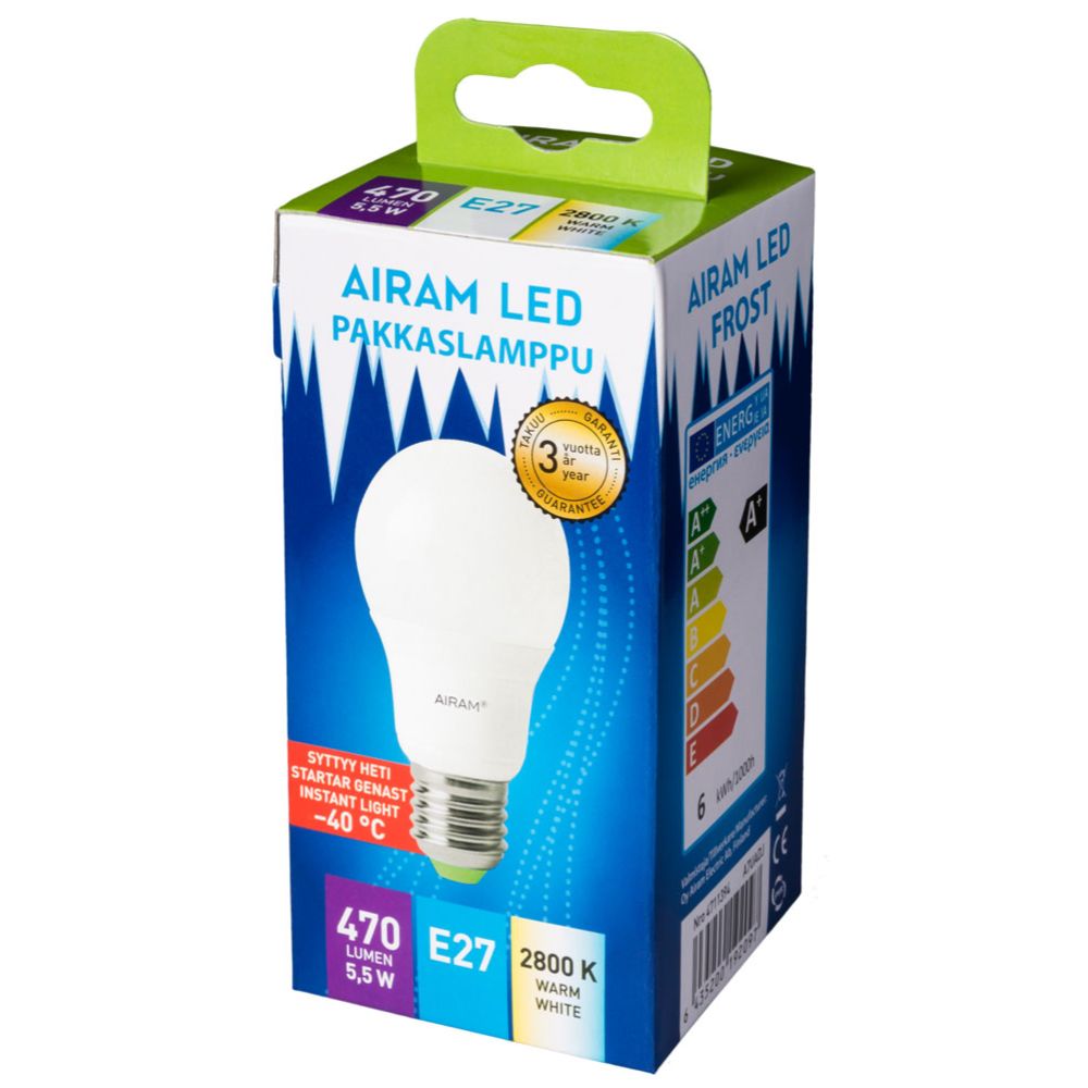 Airam külmakindel LED-lamp, E27, 4,9 W, 2800 K, 470 lm