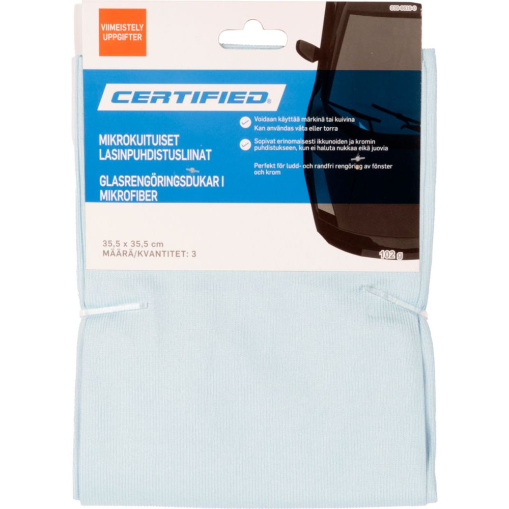 Certified mikrokuituinen lasinpuhdistusliina 3 kpl