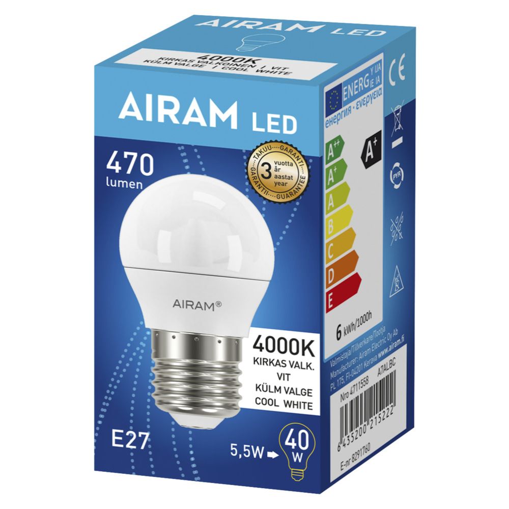 Airam LED-dekoratiivlamp, E27, 4,9 W, 4000 K, 500 lm