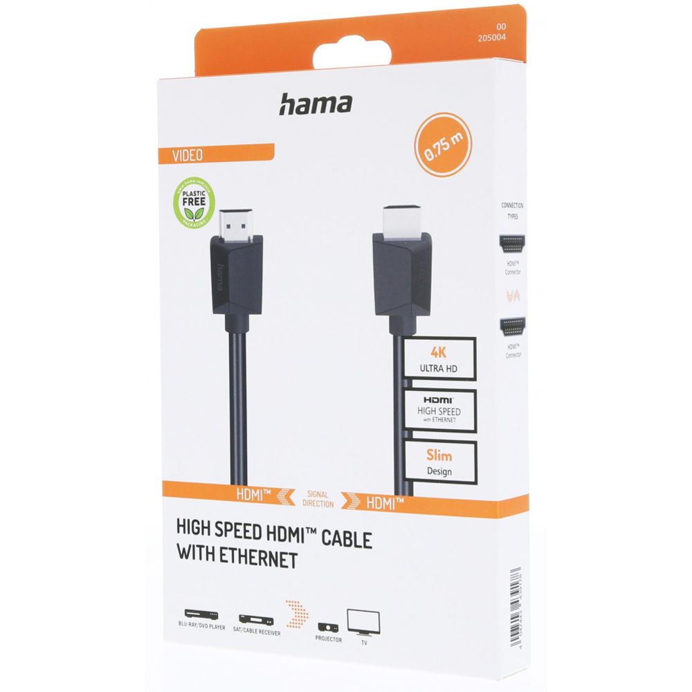 Hama HDMI-kaapeli, HDMI uros - HDMI uros, 4K, Ethernet, 0,75 m