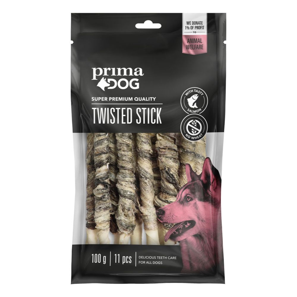 PrimaDog tuggpinne med lax 13 cm, 11 st, 100 g