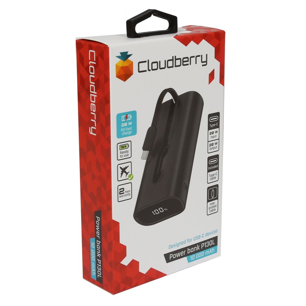 Cloudberry varavirtalähde 10 000 mAh PD 20 W integroidulla kaapelilla