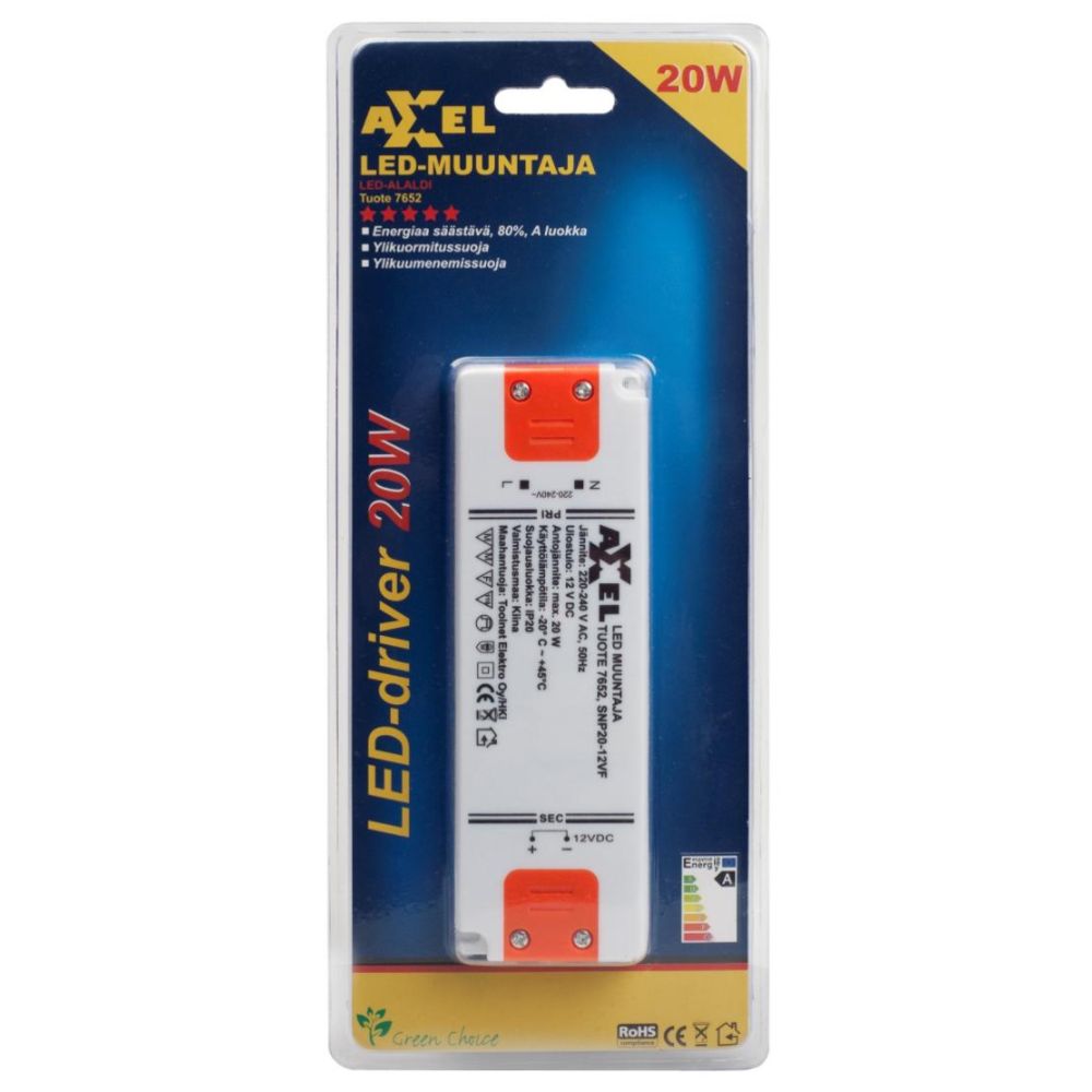Axxel LED muuntaja 220-240V 20W 12VDC IP20