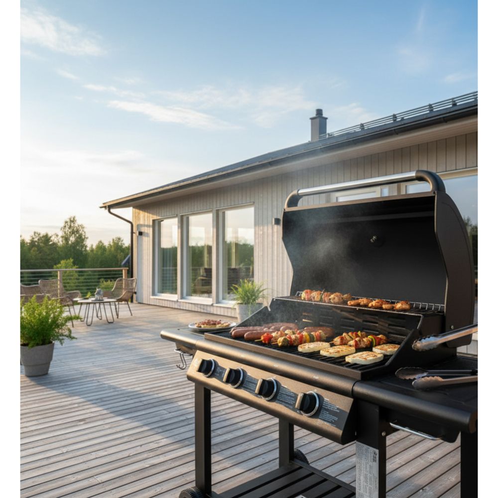 Roastmaster 4-polttiminen kaasugrilli puutasolla