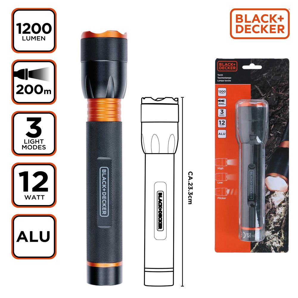 Black+Decker LED ficklampa 1200 lm 200 m 6 x AA