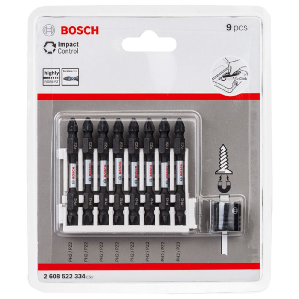 Bosch Impact dubbelbits + magnetisk skruvkrage till slagborr, Ph2+Pz2, 8 st.