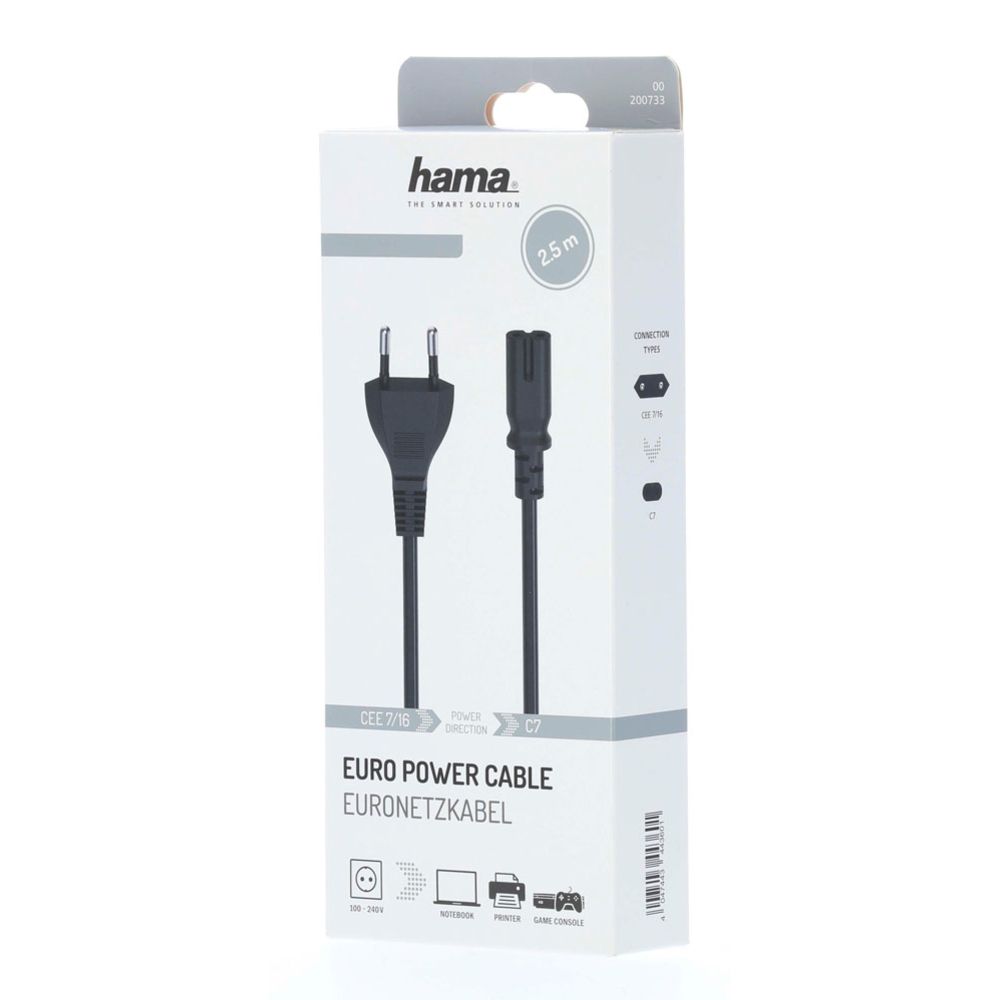 Hama Virtajohto, Euro Plug - 2-Pin Socket (Double Groove), 2,5 m