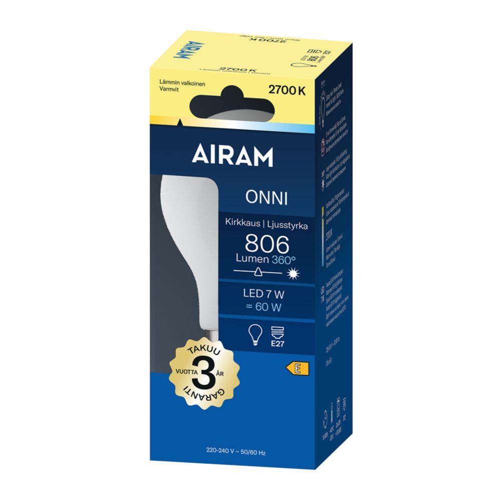 Airam Onni OP tavaline kuppel LED-lamp A60 E27 7 W 806lm 2700K