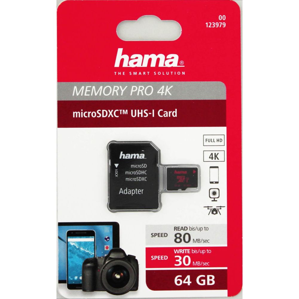 Hama microSDXC minneskort 64 GB UHS Speed Class 3 UHS-I 80 MB/s + adapter