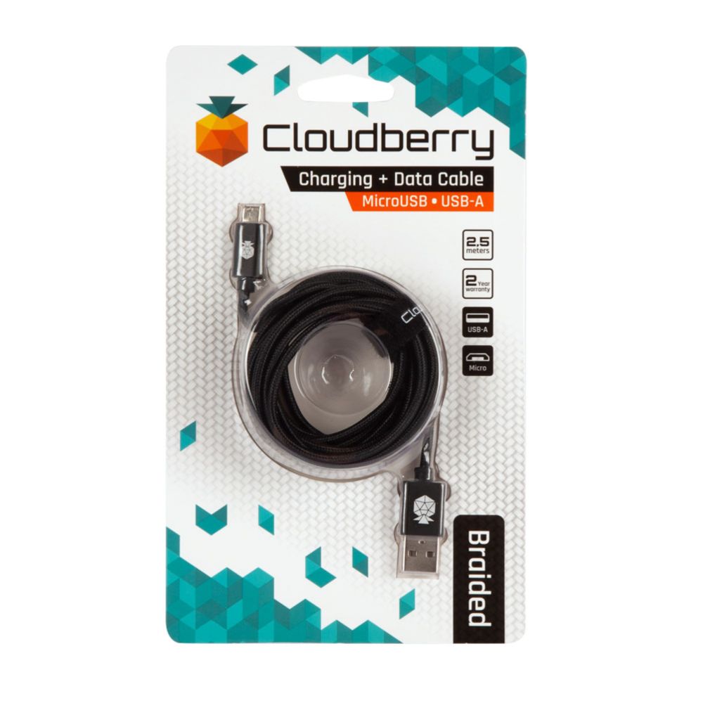 Cloudberry MicroUSB vahvarakenteinen datakaapeli 2,5 m musta