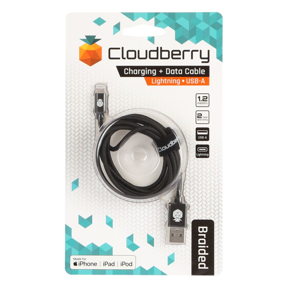 Cloudberry Lightning vahvarakenteinen datakaapeli 1,2 m musta