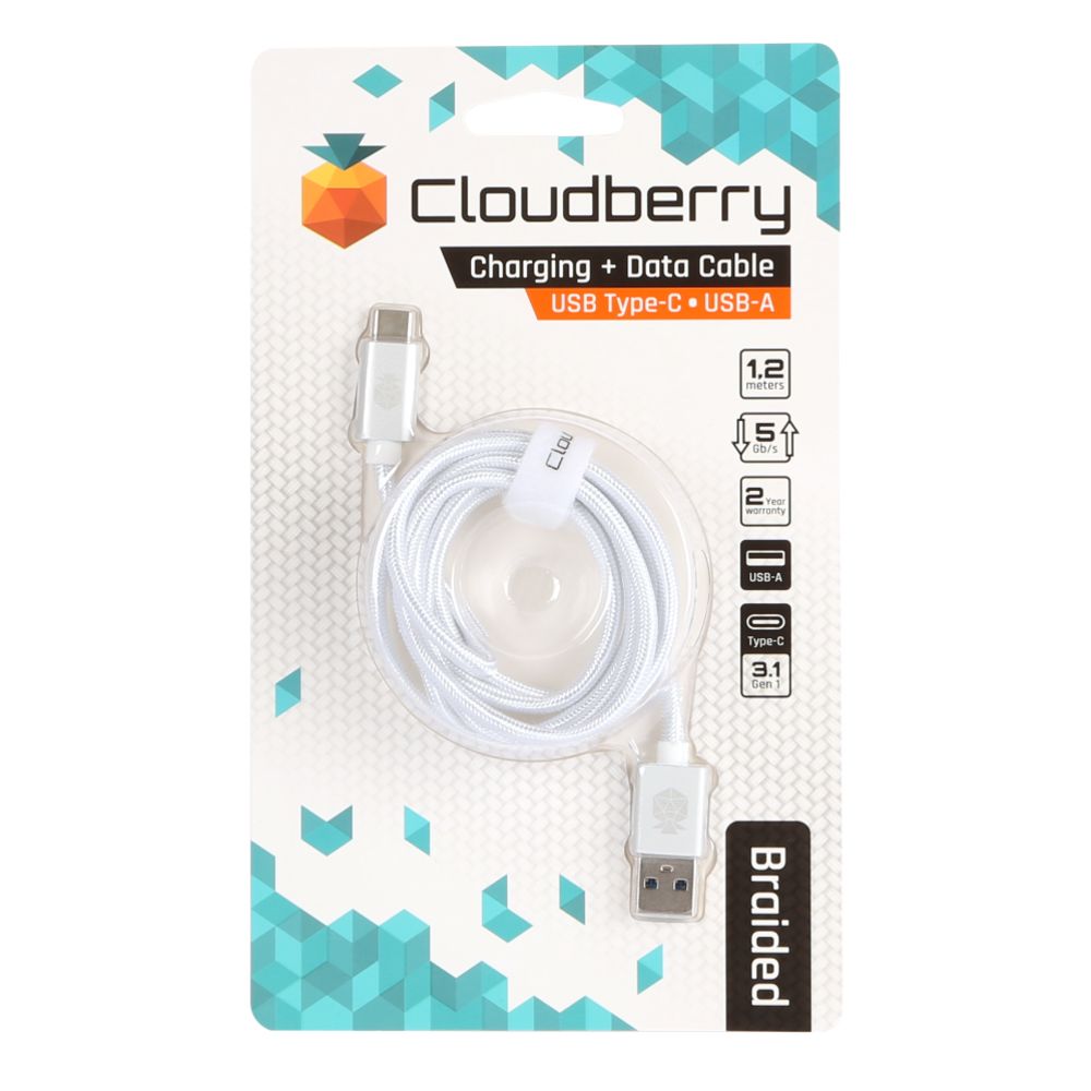 Cloudberry USB-A - USB-C vahvarakenteinen datakaapeli 1,2 m valkoinen