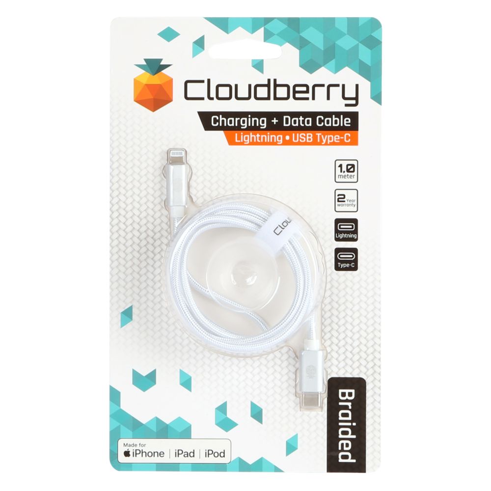 Cloudberry USB-C Lightning vastupidav andmekaabel, valge, 1 m