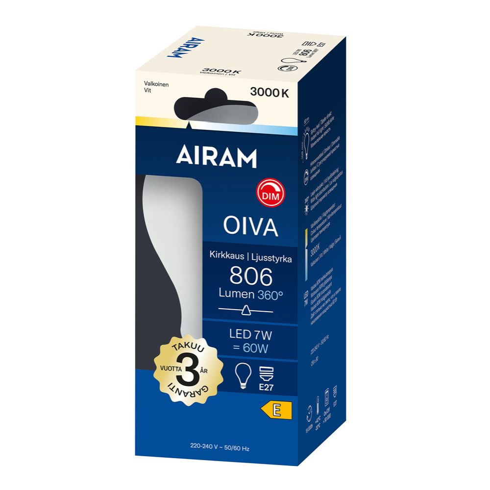 Airam Oiva LED-filamentlampa A60 E27 7W 806lm 3000K IP20 dimbar