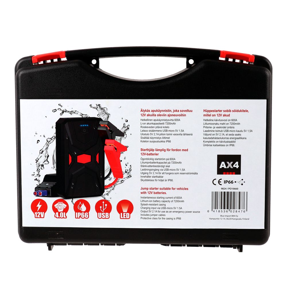 AX4 Apukäynnistin 12V 300/600A 7200mAh varavirtalähteellä