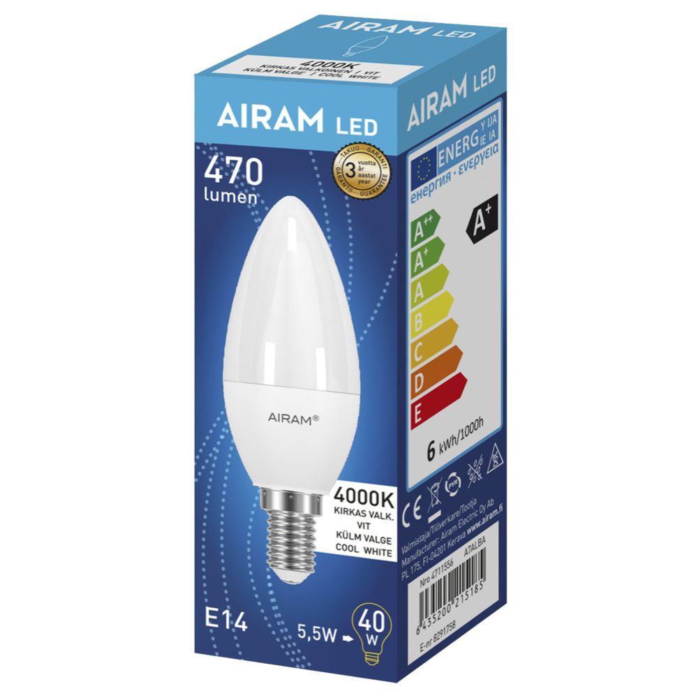 Airam LED-lühterlamp, E14, 4,9 W, 4000 K, 500 lm