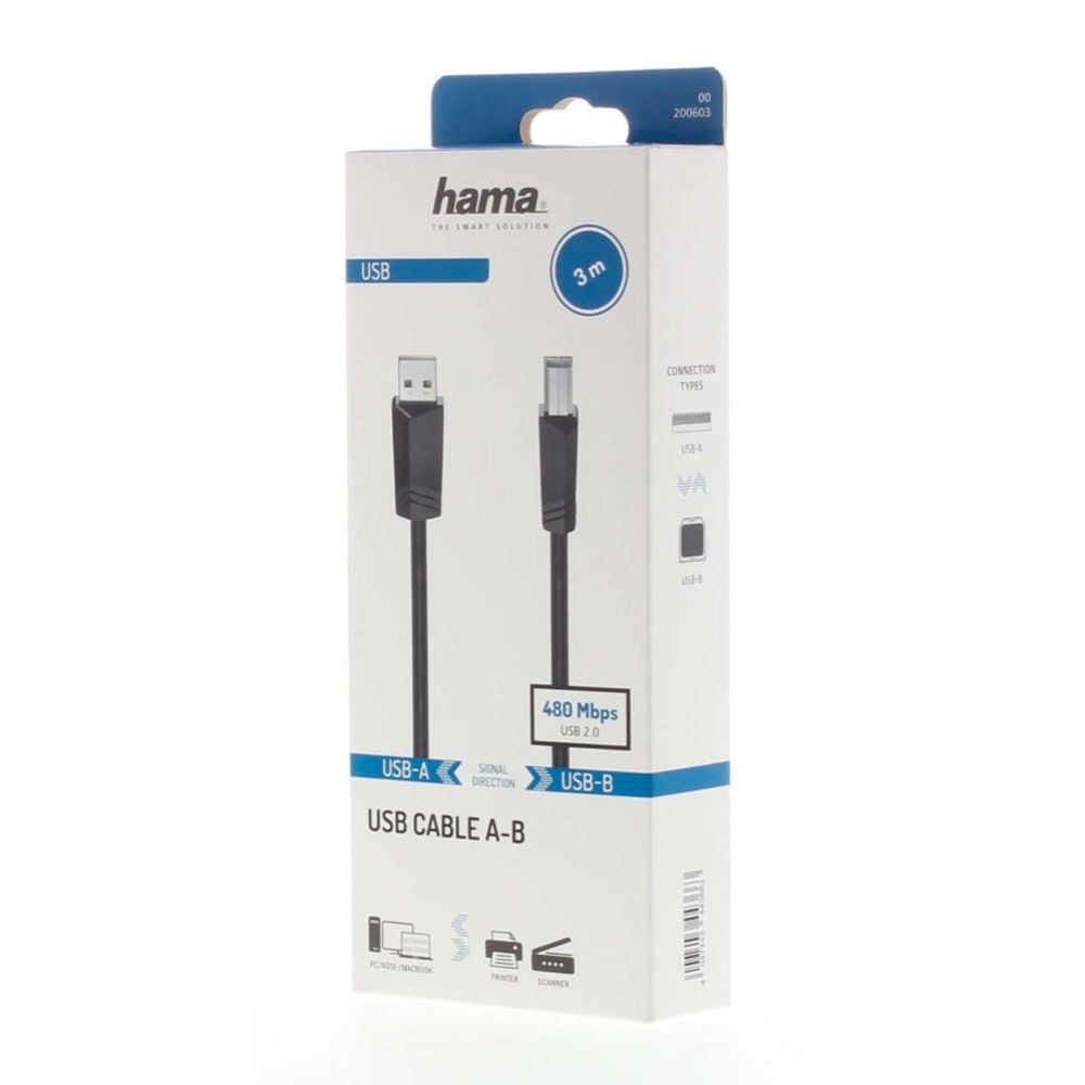 Hama USB-kabel, USB-A hane – USB-B hane, USB 2.0, 480 Mbit/s, 3,0 m