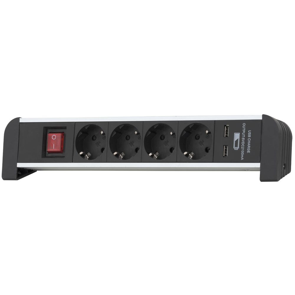 Airam Tabletop, 4-vägs skarvsladd 2 m med brytare + 2 x USB + fästen