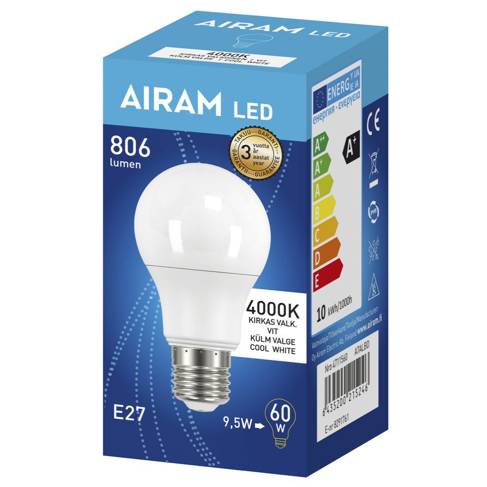 Airam LED-ümarlamp, E27, 8 W, 4000 K, 806 lm