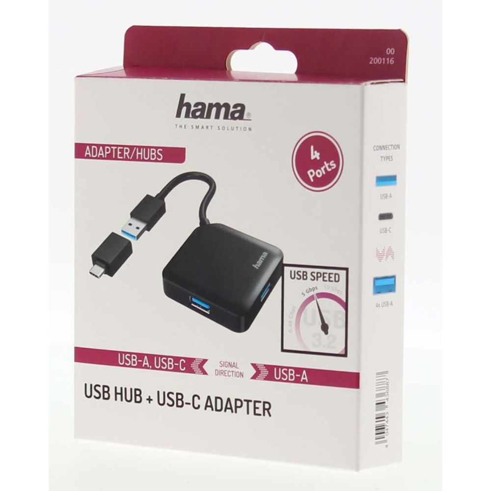 Hama USB-hubi, 4-porttinen, USB-A + USB-C adapteri, USB 3.2 Gen 1, 5 Gbit/s