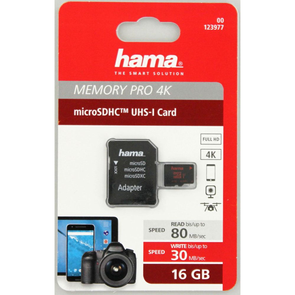 Hama microSDHC minneskort 16 GB UHS Speed Class 3 UHS-I 80 MB/s + adapter