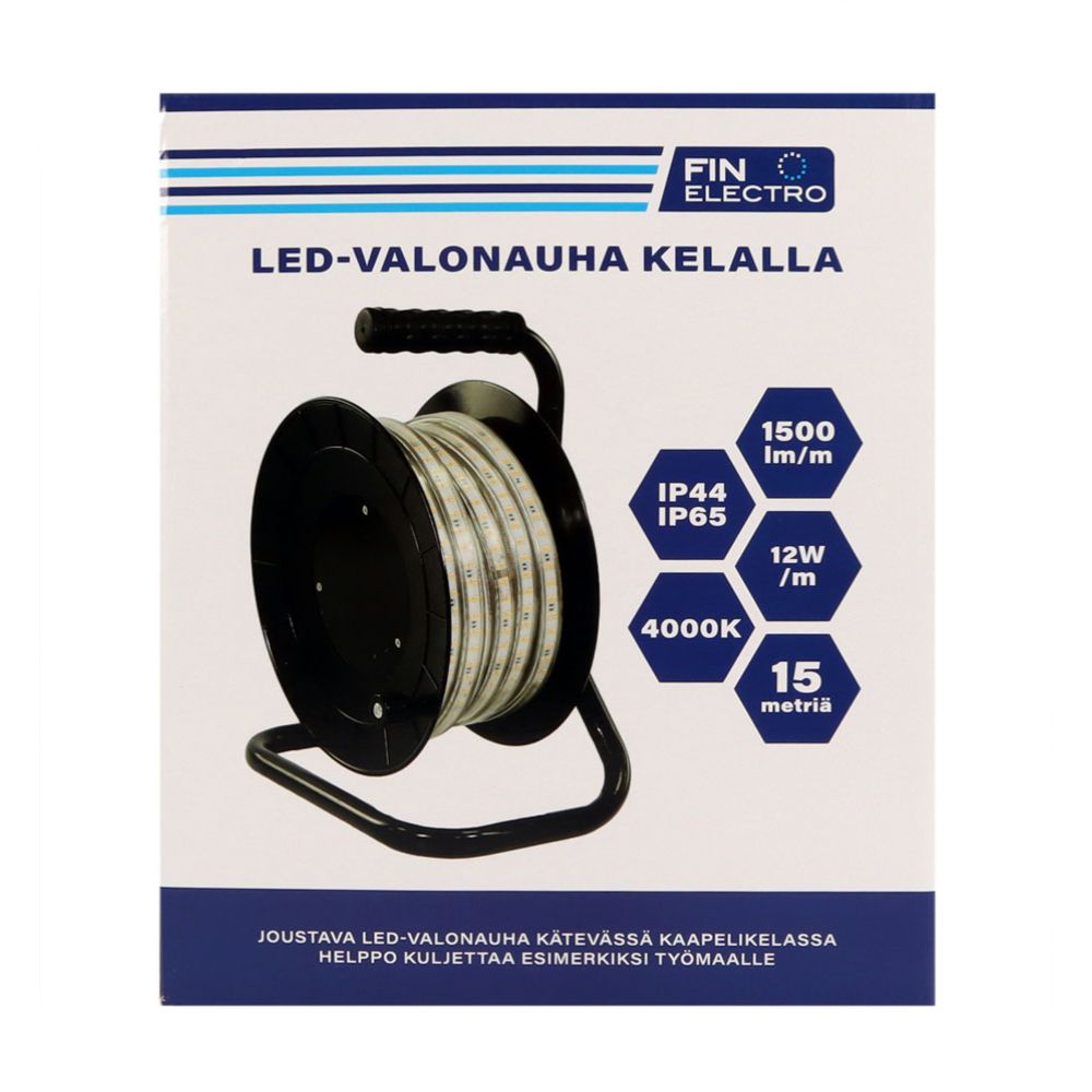 Finelectro LED-valonauha kelalla 15 m 230V 4000K 1,5m pistotulpalla