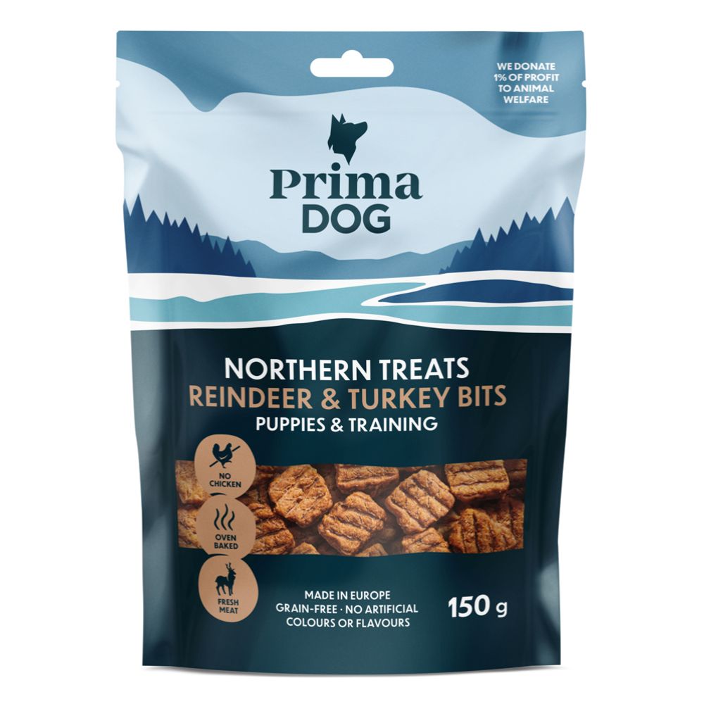 PrimaDog Northern Treats Bits põhjapõdra-kalkuni maiuspalad kutsikatele ja treeninguteks, 150 g