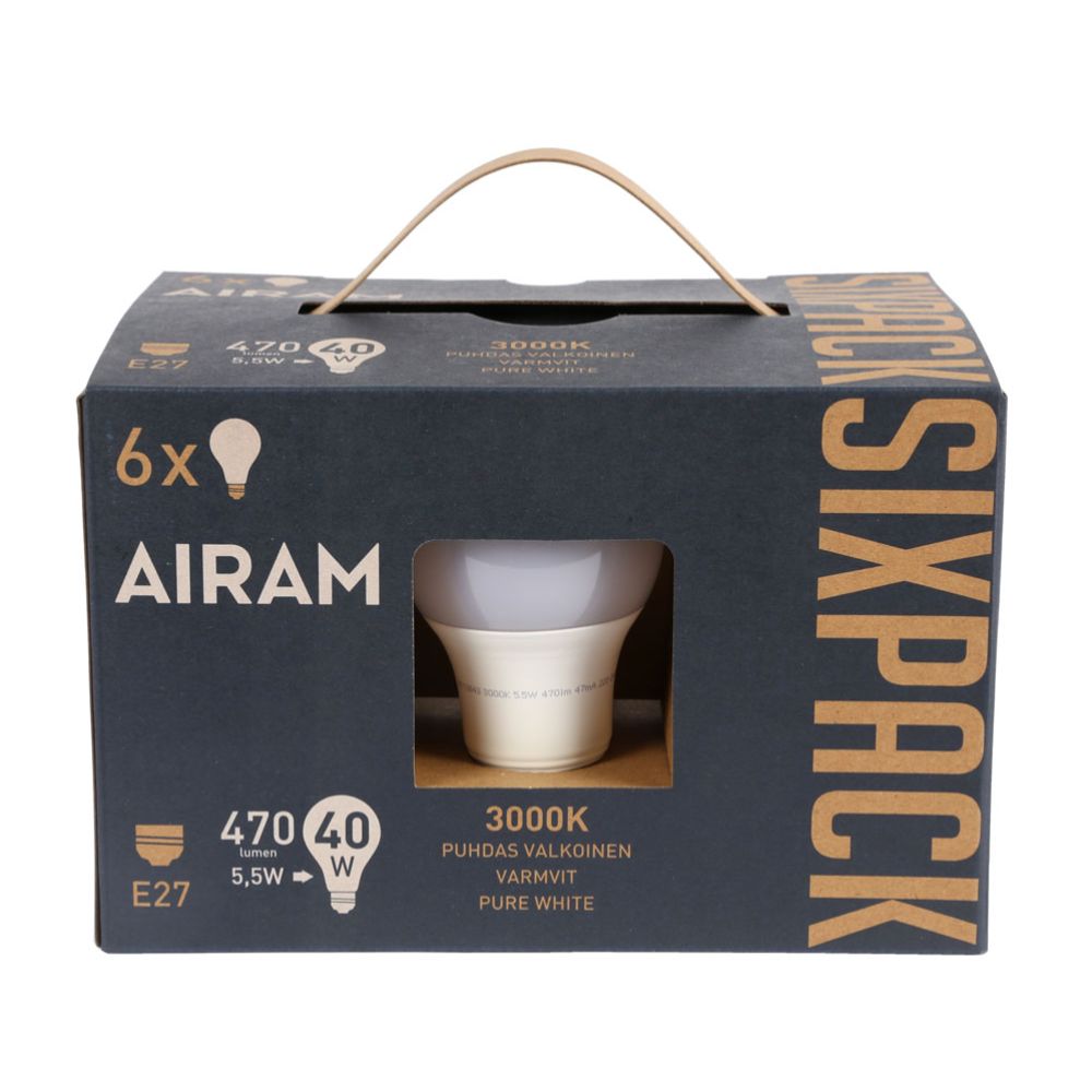 Airam LED-lamp, E27, 5,5 W, 3000 K, 470 lm, 6 tk