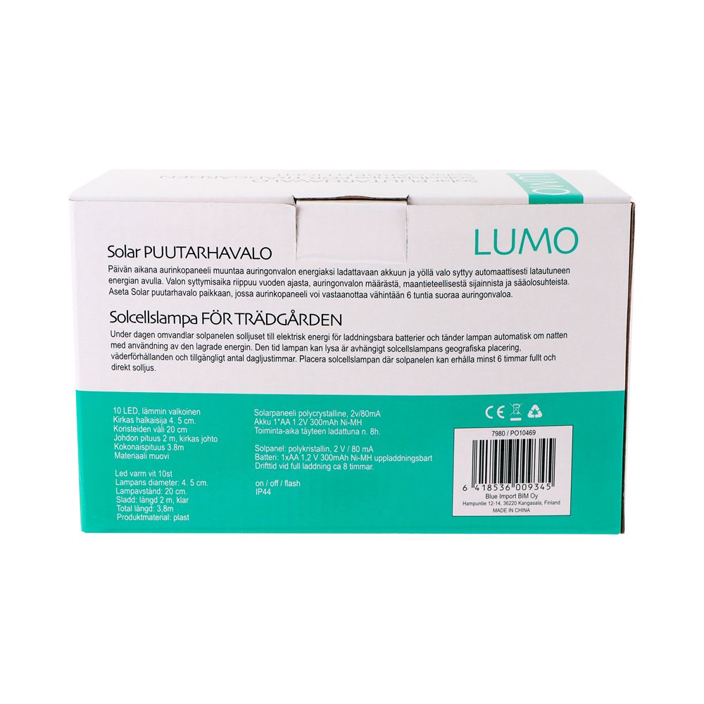 Lumo solar LED valosarja 10 lamppua 3,8 m