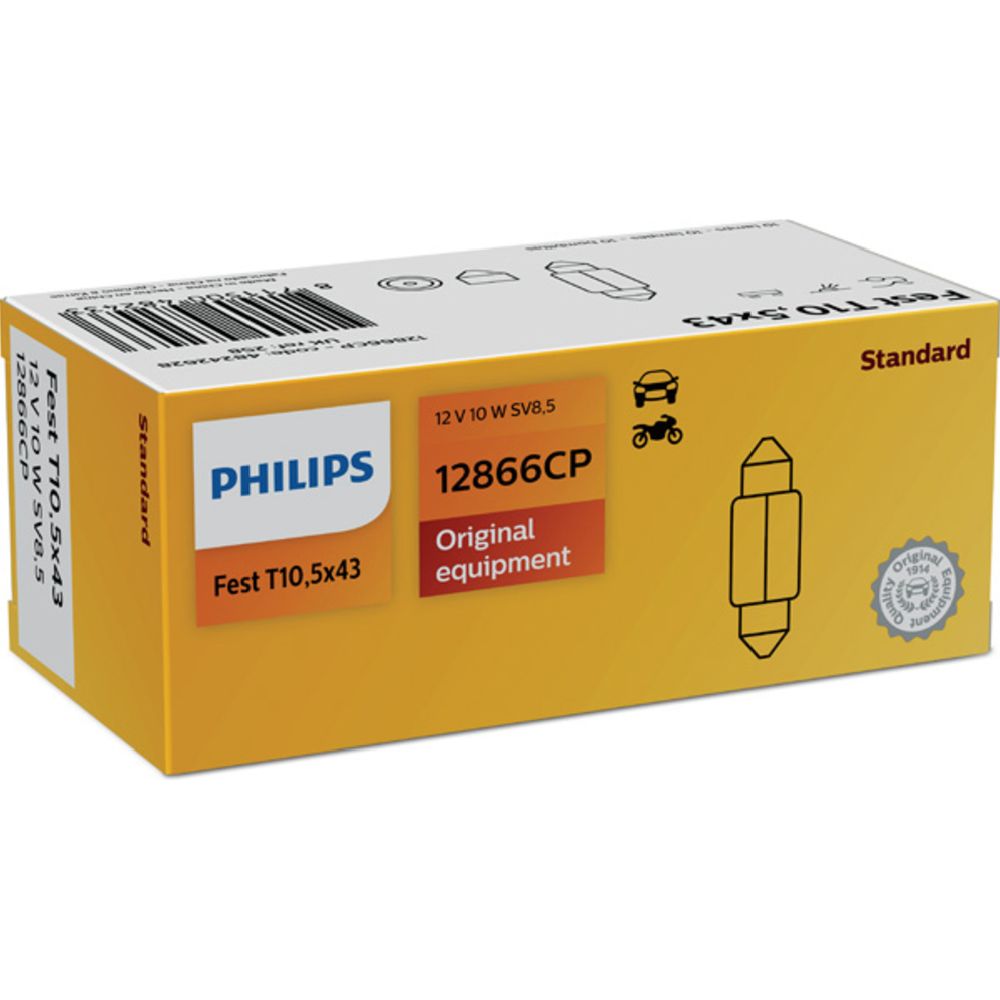 Philips SV8,5 spollampa, festong 40 mm 12V 10W C10W 10 st.