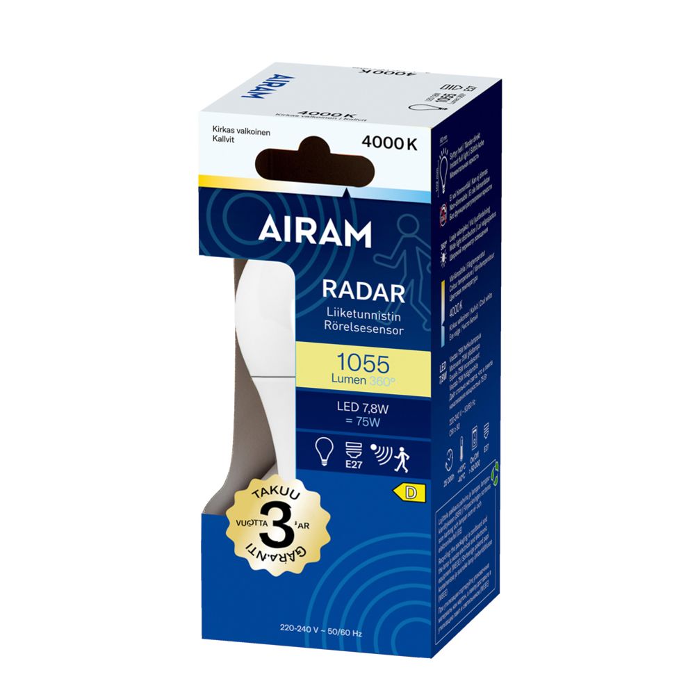 Airam Radar liikumisanduriga LED-lamp, E27, 7,8 W, 4000 K, 1055 lm