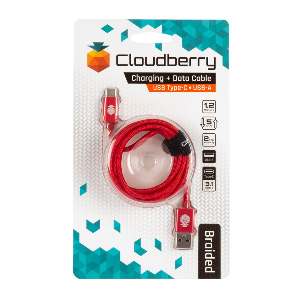 Cloudberry USB-A USB-C vastupidav andmekaabel, punane, 1,2 m