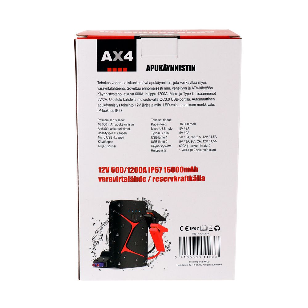 AX4 apukäynnistin 12V 600/1200A IP67, 16000 mA varavirtalähteellä