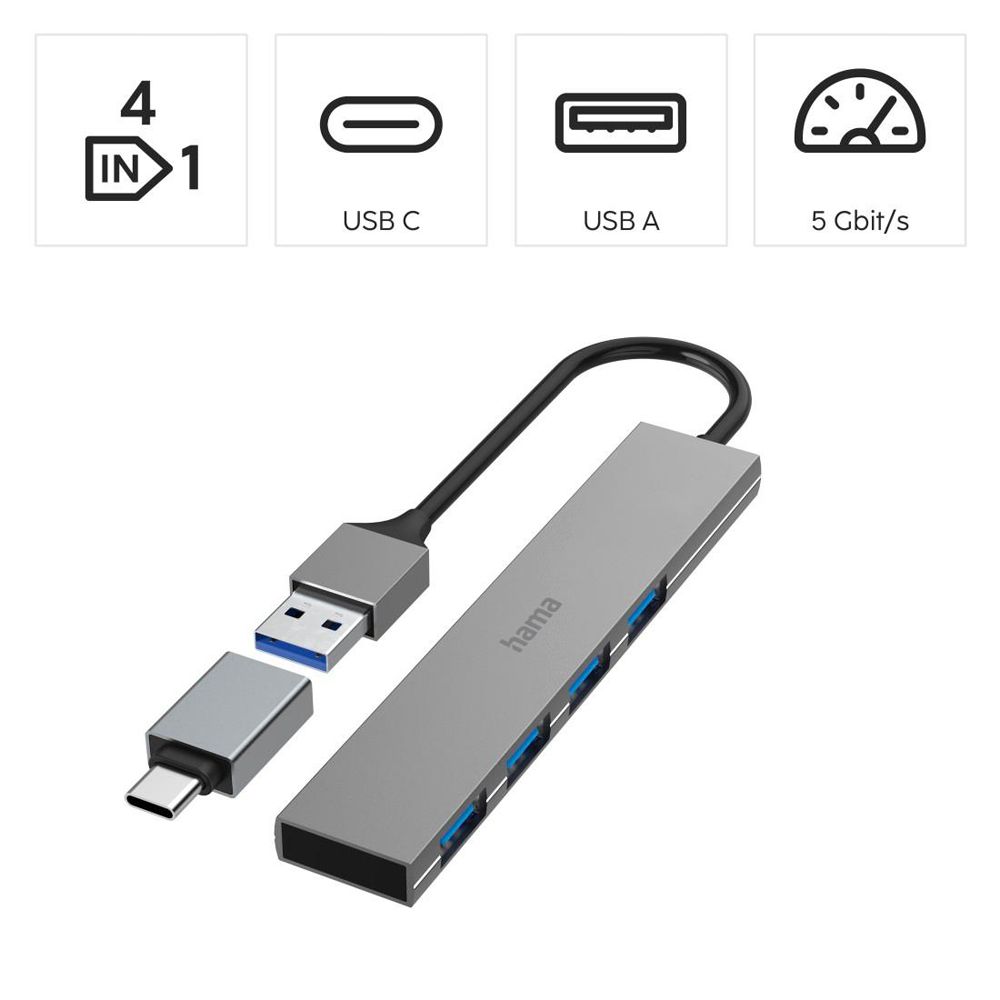 Hama USB-hubi, 4-porttinen, USB-A + USB-C adapteri, Ultra-Slim, USB 3.2 Gen 1, 5 Gbit/s